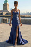 Navy Mermaid Corset Satin Applique Long Prom Dress with Slit