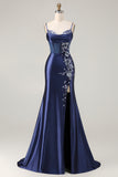 Mermaid Corset Navy Satin Prom Dress with Appliques