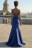 Navy Mermaid Corset Satin Applique Long Prom Dress with Slit