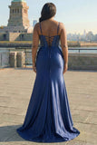 Satin Mermaid Applique Corset Navy Plus Size Prom Dress with Slit