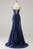 Mermaid Corset Navy Satin Prom Dress with Appliques