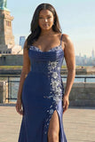 Satin Mermaid Applique Corset Navy Plus Size Prom Dress with Slit