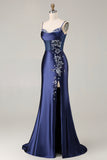 Mermaid Corset Navy Satin Prom Dress with Appliques
