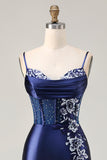Mermaid Corset Navy Satin Prom Dress with Appliques