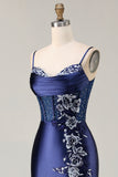 Mermaid Corset Navy Satin Prom Dress with Appliques