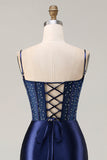 Mermaid Corset Navy Satin Prom Dress with Appliques