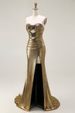 Metallic Dark Golden Strapless Mermaid Prom Dress