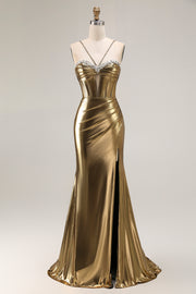 Golden Satin Mermaid Cut Out Ruched Metallic Prom Dress