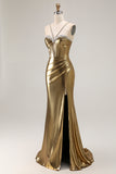 Golden Satin Mermaid Cut Out Ruched Metallic Prom Dress