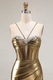 Golden Satin Mermaid Cut Out Ruched Metallic Prom Dress
