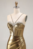 Golden Satin Mermaid Cut Out Ruched Metallic Prom Dress