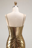 Golden Satin Mermaid Cut Out Ruched Metallic Prom Dress