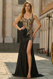 Black Appliqued Mermaid Ruched Prom Dress with Slit