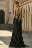Black Appliqued Mermaid Ruched Prom Dress with Slit