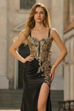 Black Appliqued Mermaid Ruched Prom Dress with Slit