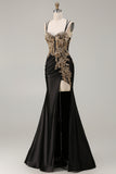 Sparkly Black Embroidered Mermaid Ruched Prom Dress