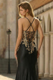 Black Appliqued Mermaid Ruched Prom Dress with Slit
