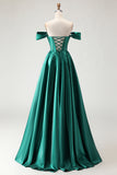 Dark Green Off the Shoulder Corset Satin Prom Dress