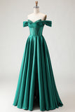 Dark Green Off the Shoulder Corset Satin Prom Dress