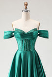 Dark Green Off the Shoulder Corset Satin Prom Dress