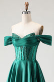Dark Green Off the Shoulder Corset Satin Prom Dress