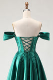 Dark Green Off the Shoulder Corset Satin Prom Dress