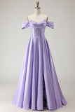 Off the Shoulder Satin Purple A Line Prom Dress