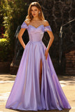 Off the Shoulder Satin Purple A Line Prom Dress