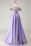 Off the Shoulder Satin Purple A Line Prom Dress