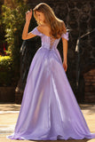 Purple Off the Shoulder Satin A Line Prom Dress