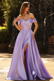 Purple Off the Shoulder Satin A Line Prom Dress