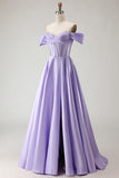 Off the Shoulder Satin Purple A Line Prom Dress