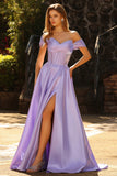 Purple Off the Shoulder Satin A Line Prom Dress