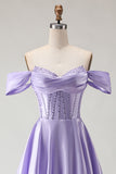Off the Shoulder Satin Purple A Line Prom Dress