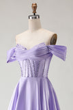 Off the Shoulder Satin Purple A Line Prom Dress