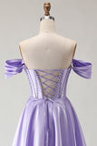 Off the Shoulder Satin Purple A Line Prom Dress