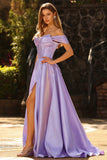 Purple Off the Shoulder Satin A Line Prom Dress