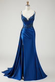 Navy Corset Mermaid Appliqued Satin Prom Dress