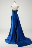 Navy Corset Mermaid Appliqued Satin Prom Dress