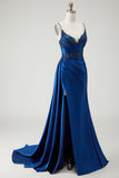 Navy Corset Mermaid Appliqued Satin Prom Dress