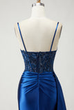 Navy Corset Mermaid Appliqued Satin Prom Dress