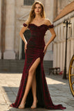 Mermaid Black Red Off the Shoulder Long Prom Dress With Slit