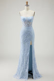 Blue Beaded Appliqued Mermaid Corset Prom Dress