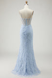 Blue Beaded Appliqued Mermaid Corset Prom Dress