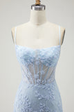 Blue Beaded Appliqued Mermaid Corset Prom Dress