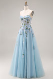Blue Floral Sequin Corset Tulle Sweetheart Long Prom Dress with Slit