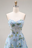 Blue Floral Sequin Corset Tulle Sweetheart Long Prom Dress with Slit