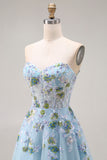 Blue Floral Sequin Corset Tulle Sweetheart Long Prom Dress with Slit