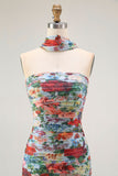Multi Flower Strapless Sheath Pleated Print Convertible Floral Dress with Slit