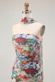 Multi Flower Strapless Sheath Pleated Print Convertible Floral Dress with Slit